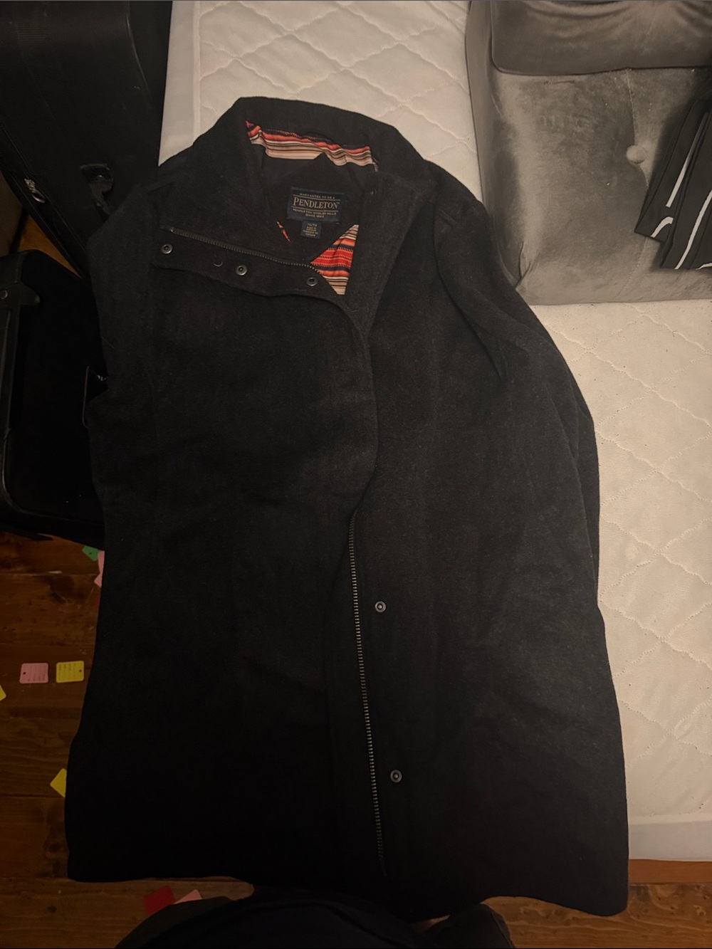 Pendleton Black Wool Pea Coat with Striped Liner